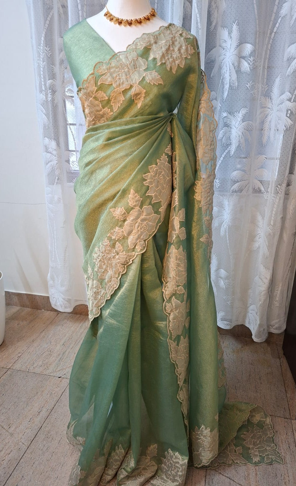 Sage greeen CrushSilk saree with applique work