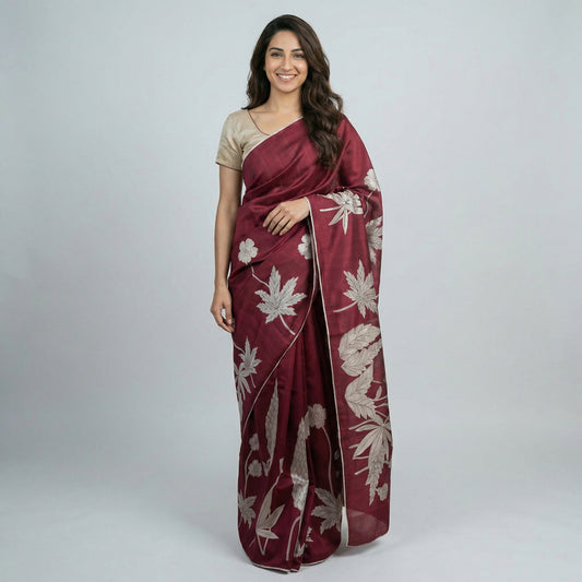 Maroon Leaf Appliqué Tussar