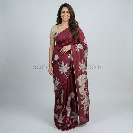 Maroon Leaf Appliqué Tussar - Saree Haveli Default Title