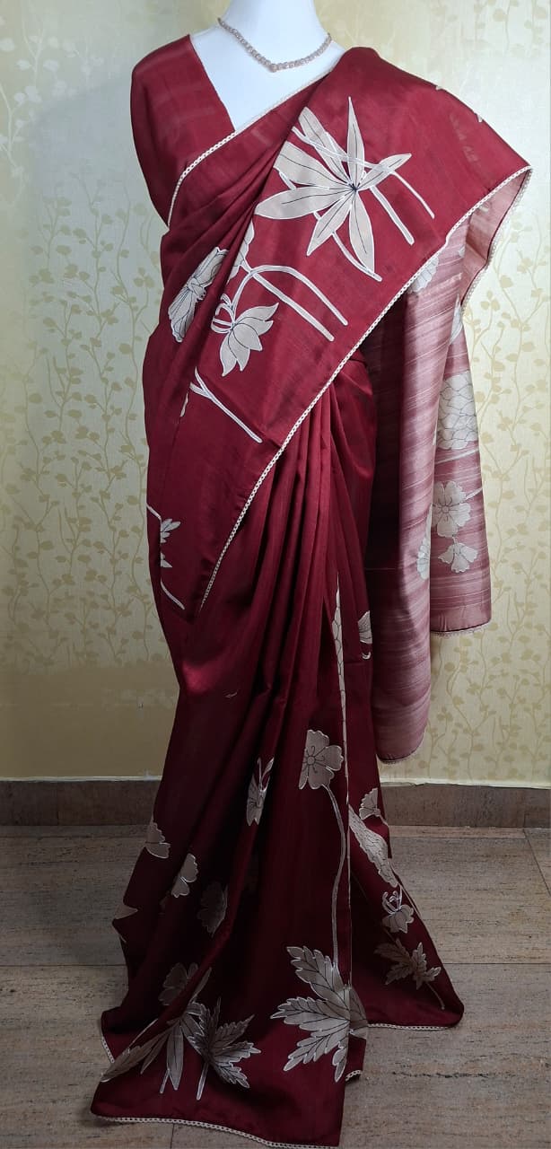 Maroon Leaf Appliqué Tussar - Saree Haveli Default Title