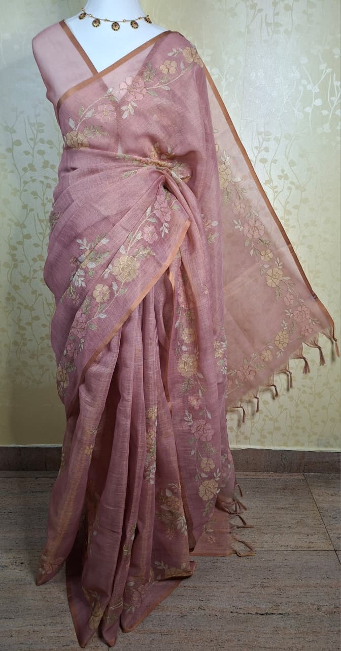 Blush Vine Linen Tissue Saree