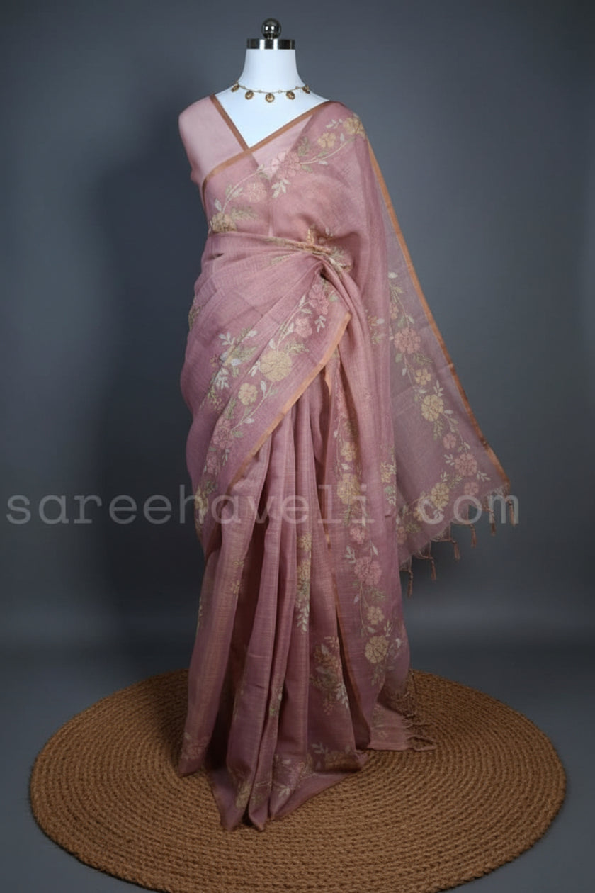 Blush Vine Linen Tissue Saree - Saree Haveli Default Title