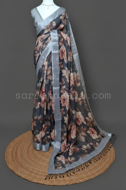 Charcoal Bloom Linen Saree
