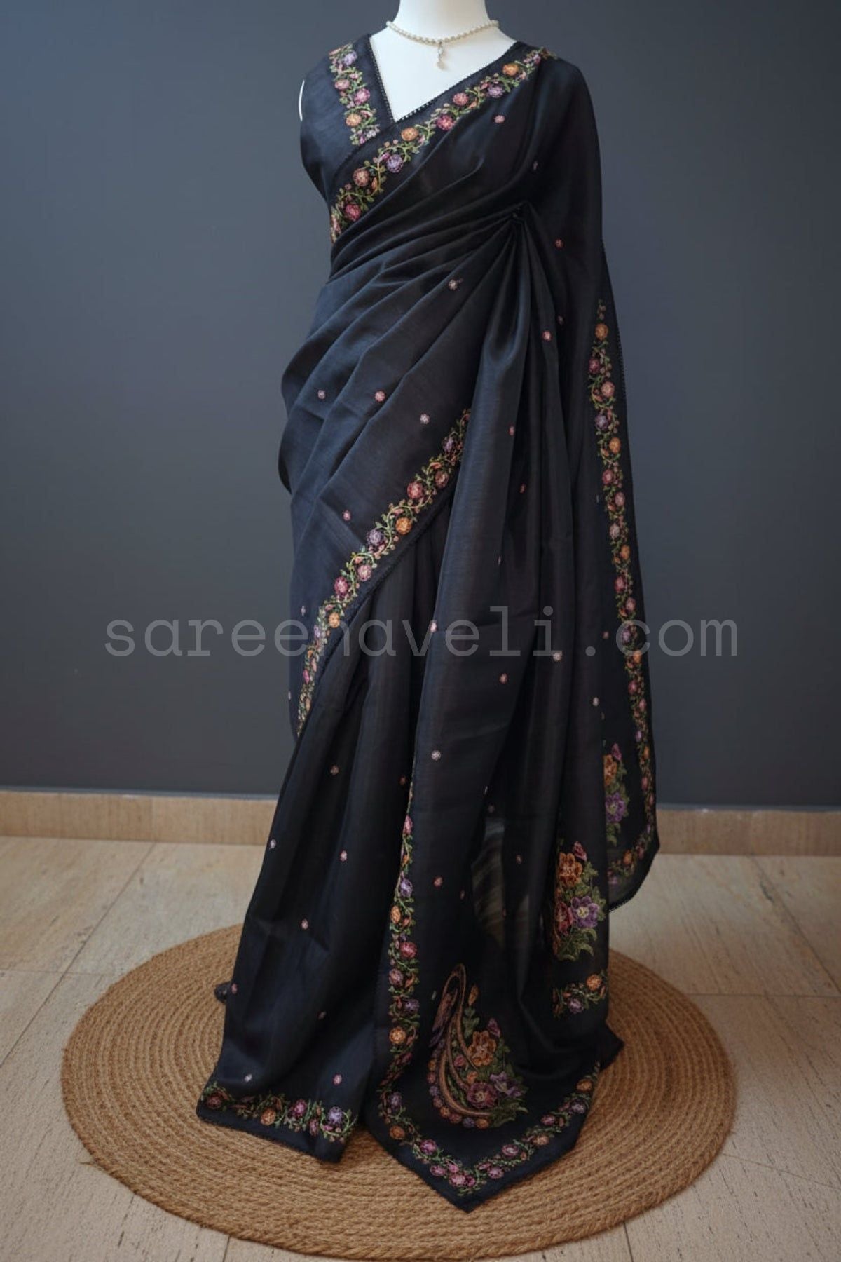 Black Tussar Saree with multicolored floral vine Embroidery