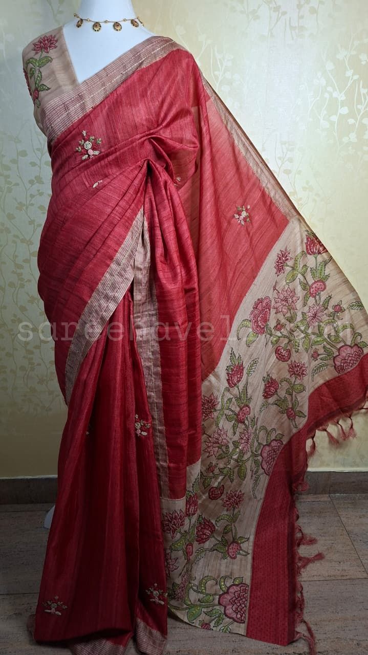 Crimson Garden Tussar - Saree Haveli Default Title