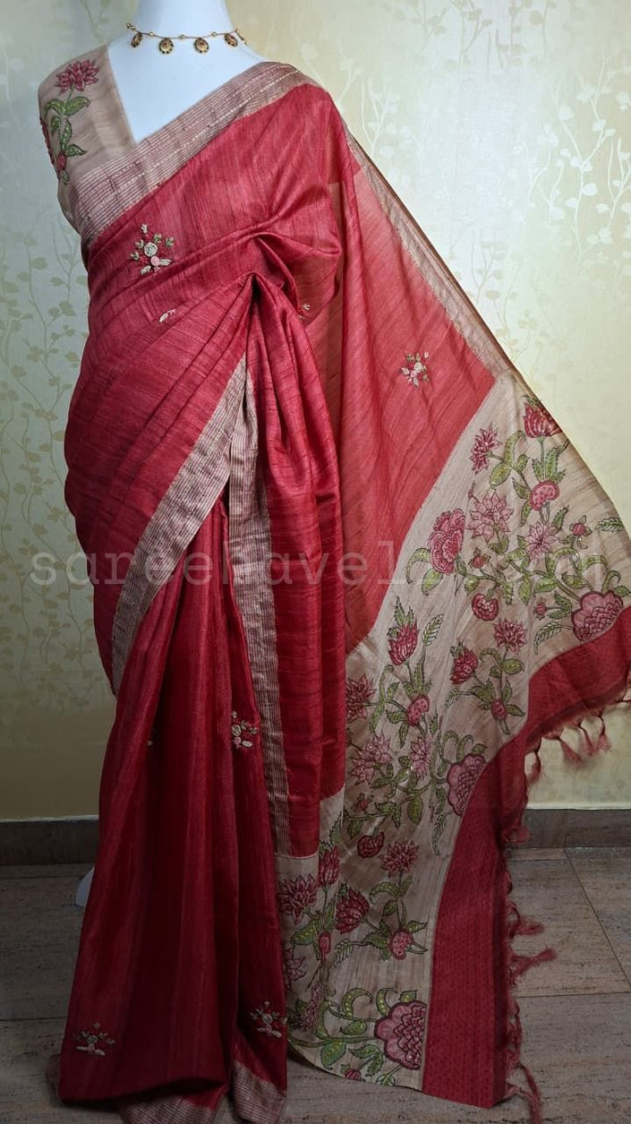 Crimson Garden Tussar - Saree Haveli Default Title