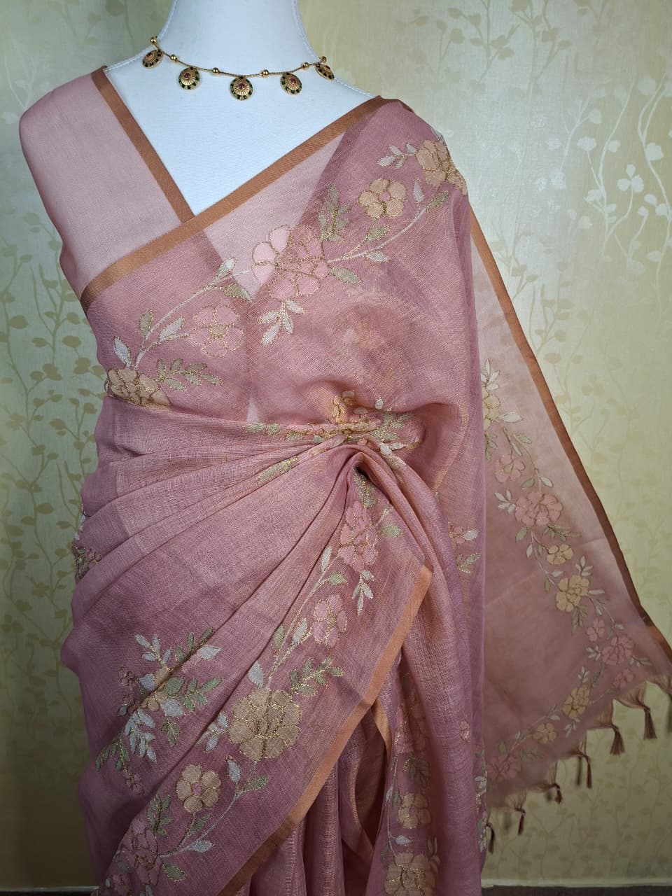 Blush Vine Linen Tissue Saree