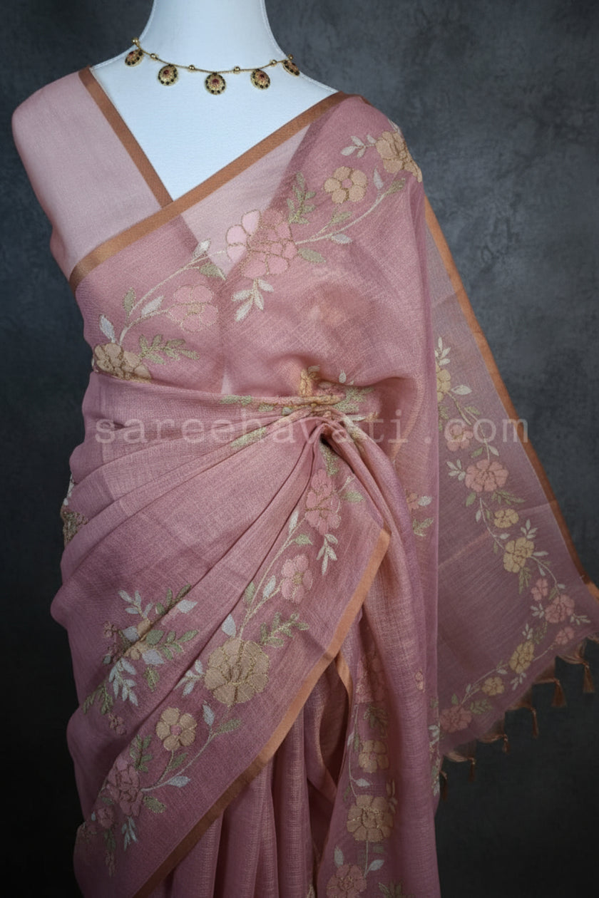 Blush Vine Linen Tissue Saree - Saree Haveli Default Title