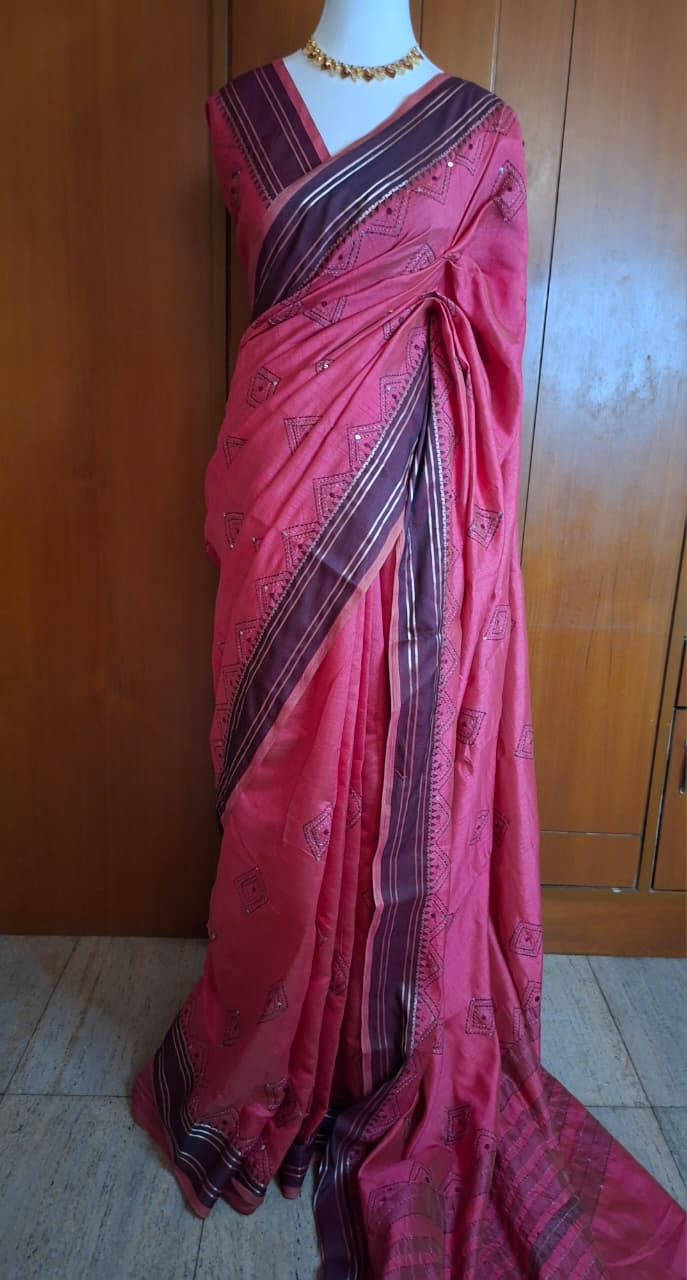 Soft Tussar Saree with Geometric Motifs and Contrast Border