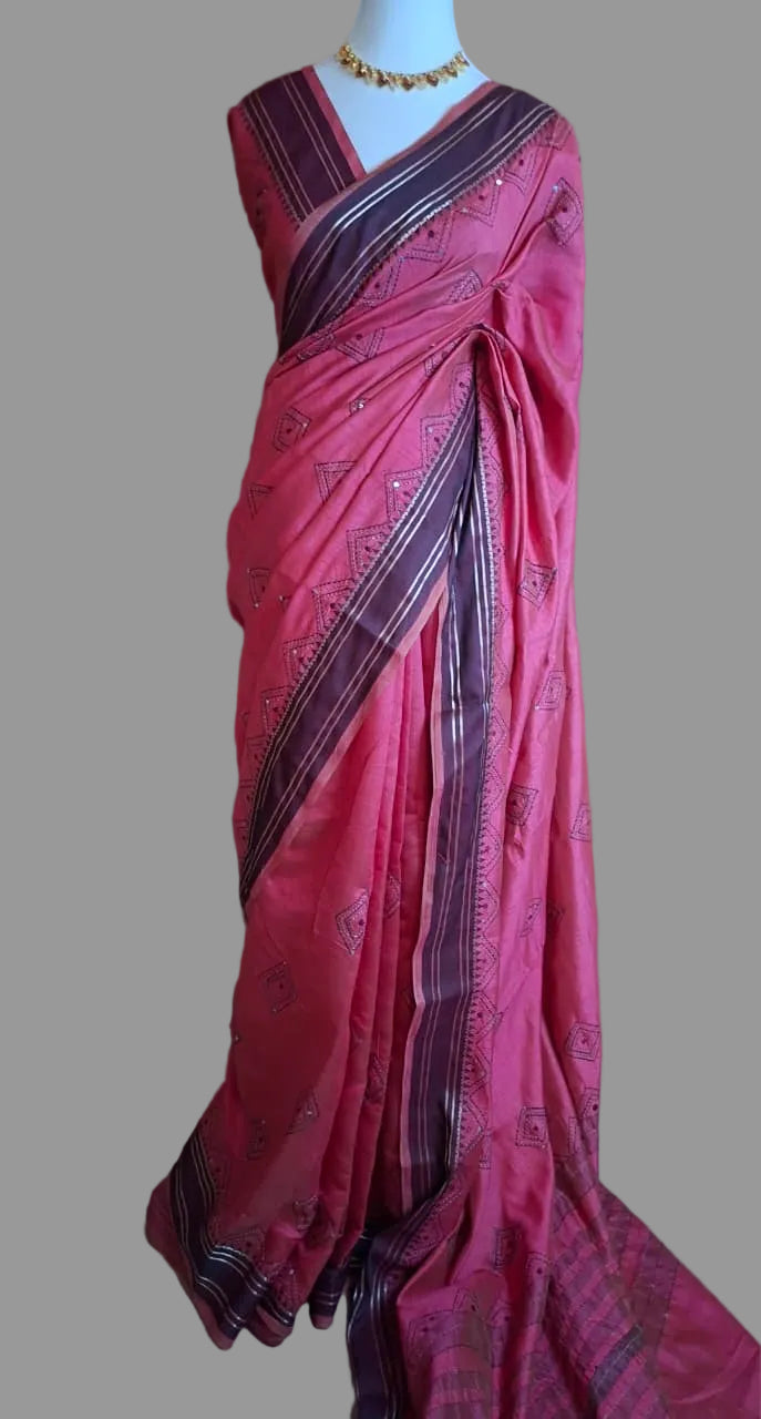 Soft Tussar Saree with Geometric Motifs and Contrast Border - Saree Haveli Default Title