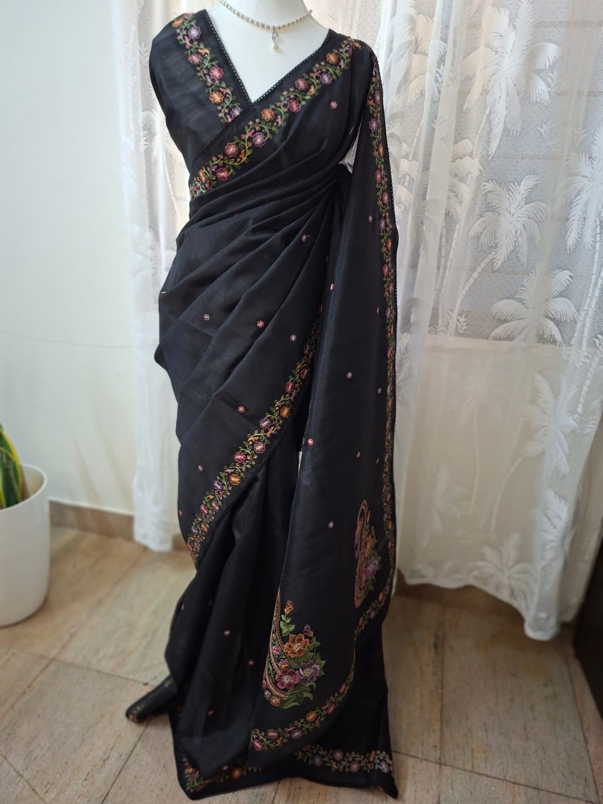 Black Tussar Saree with multicolored floral vine Embroidery