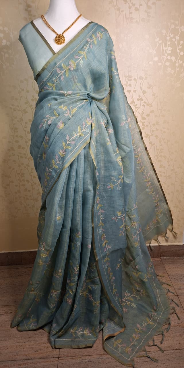 Pastel Vine Linen Tissue Saree