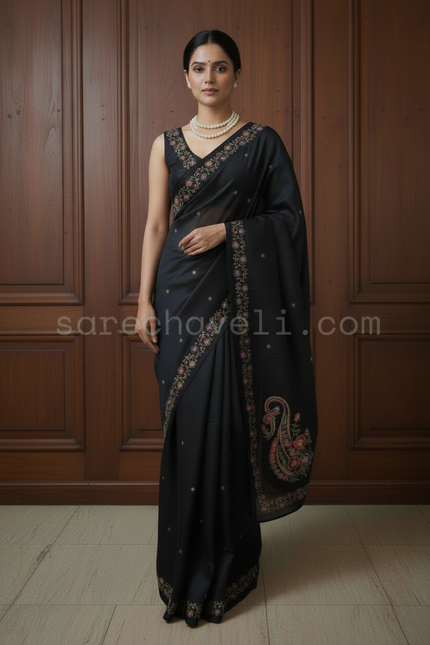 Black Tussar Saree with multicolored floral vine Embroidery