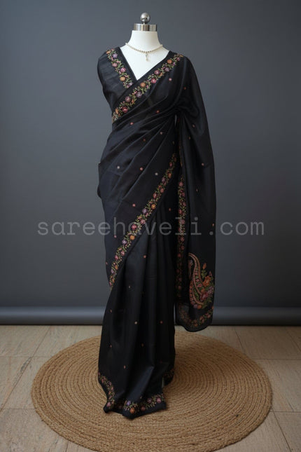 Black Tussar Saree with multicolored floral vine Embroidery
