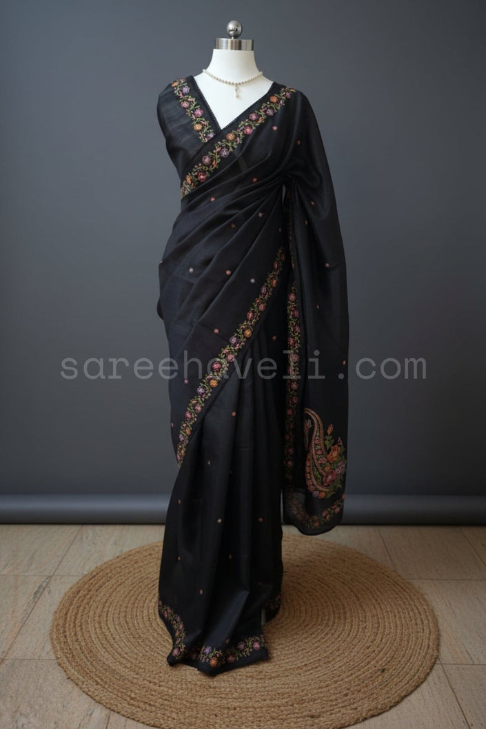 Black Tussar Saree with multicolored floral vine Embroidery