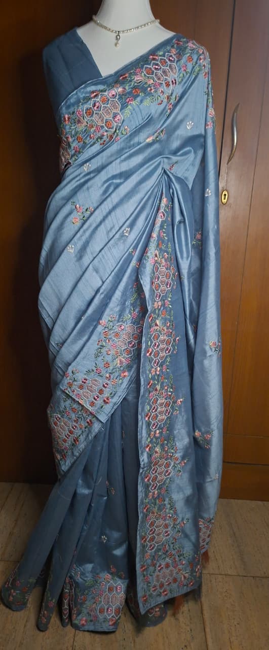 Embroidered Tussar -Blue