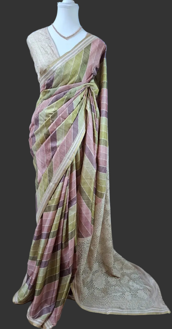 Pastel Grid Tussar Silk Saree