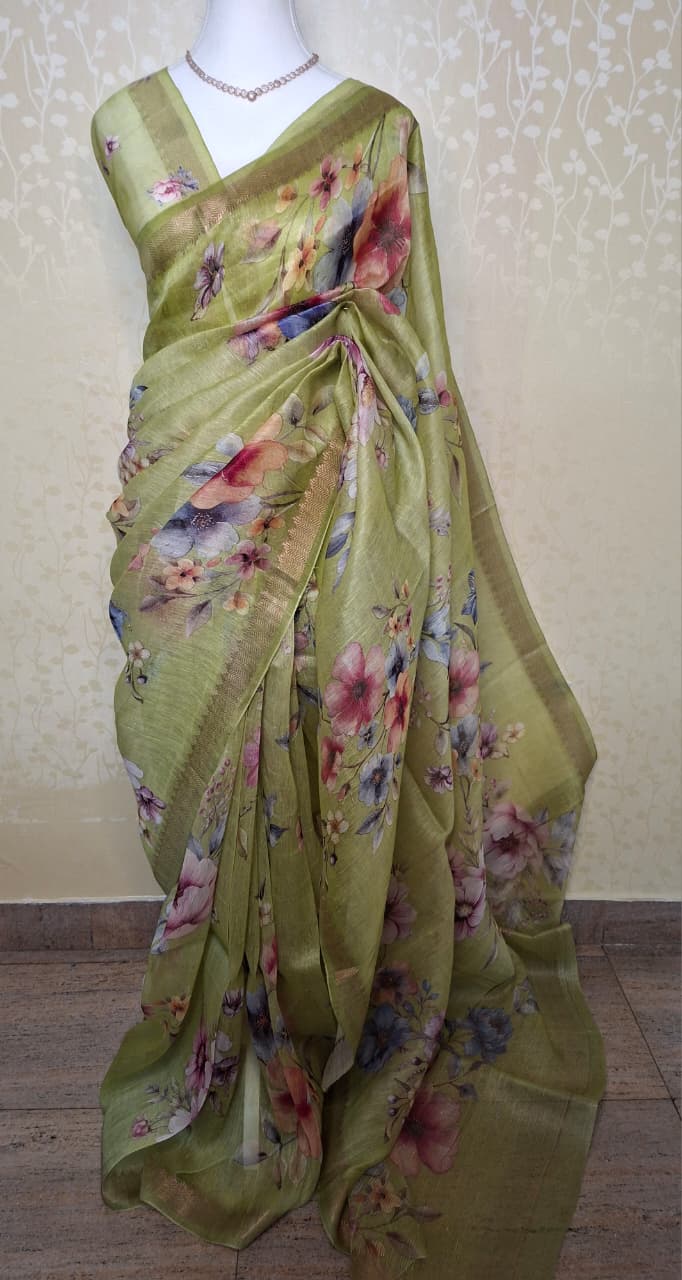 Floral Grace Pure Silk Linen Saree