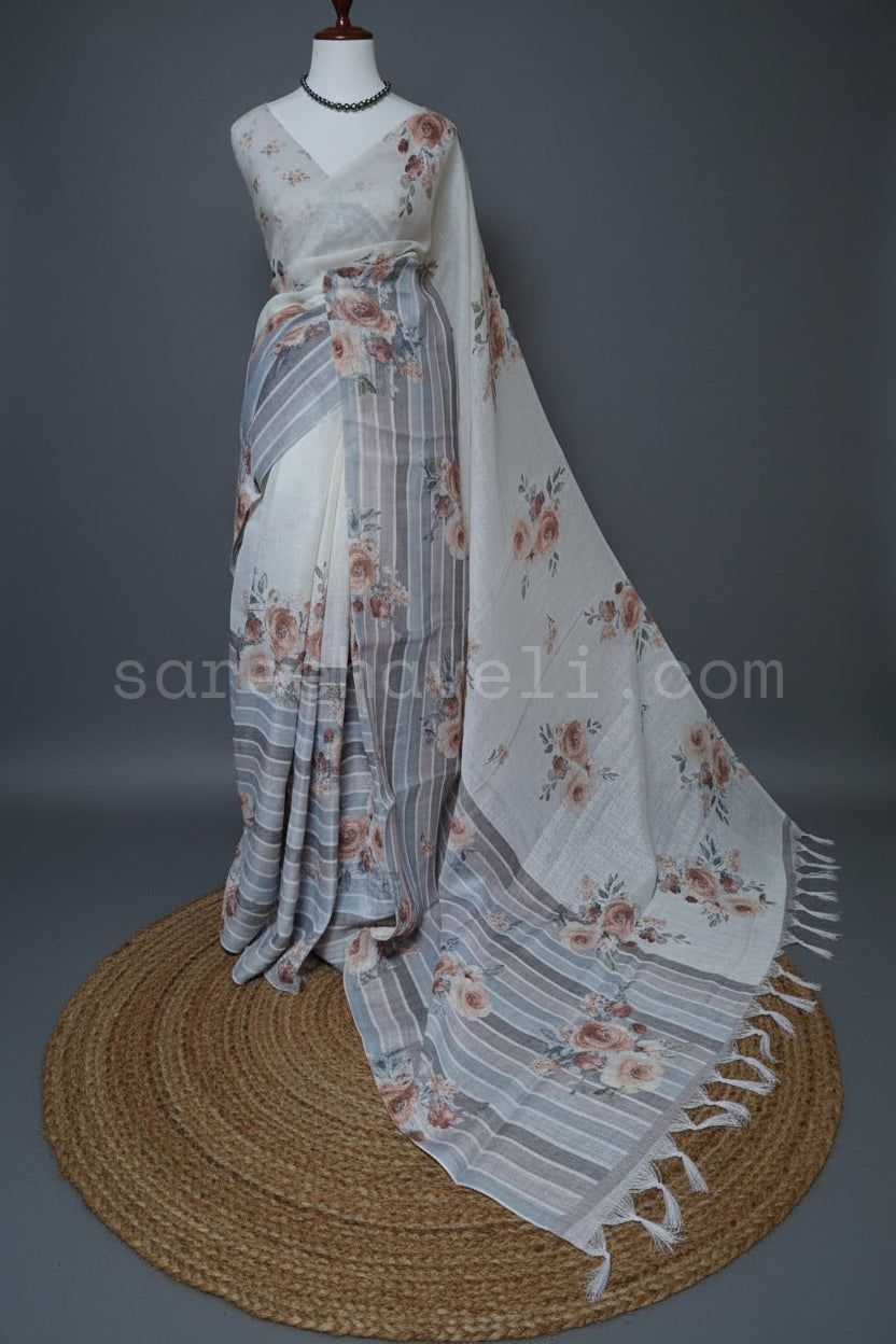 Floral Stripe Linen Saree