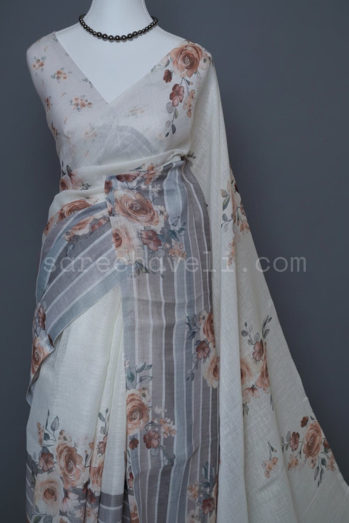 Floral Stripe Linen Saree