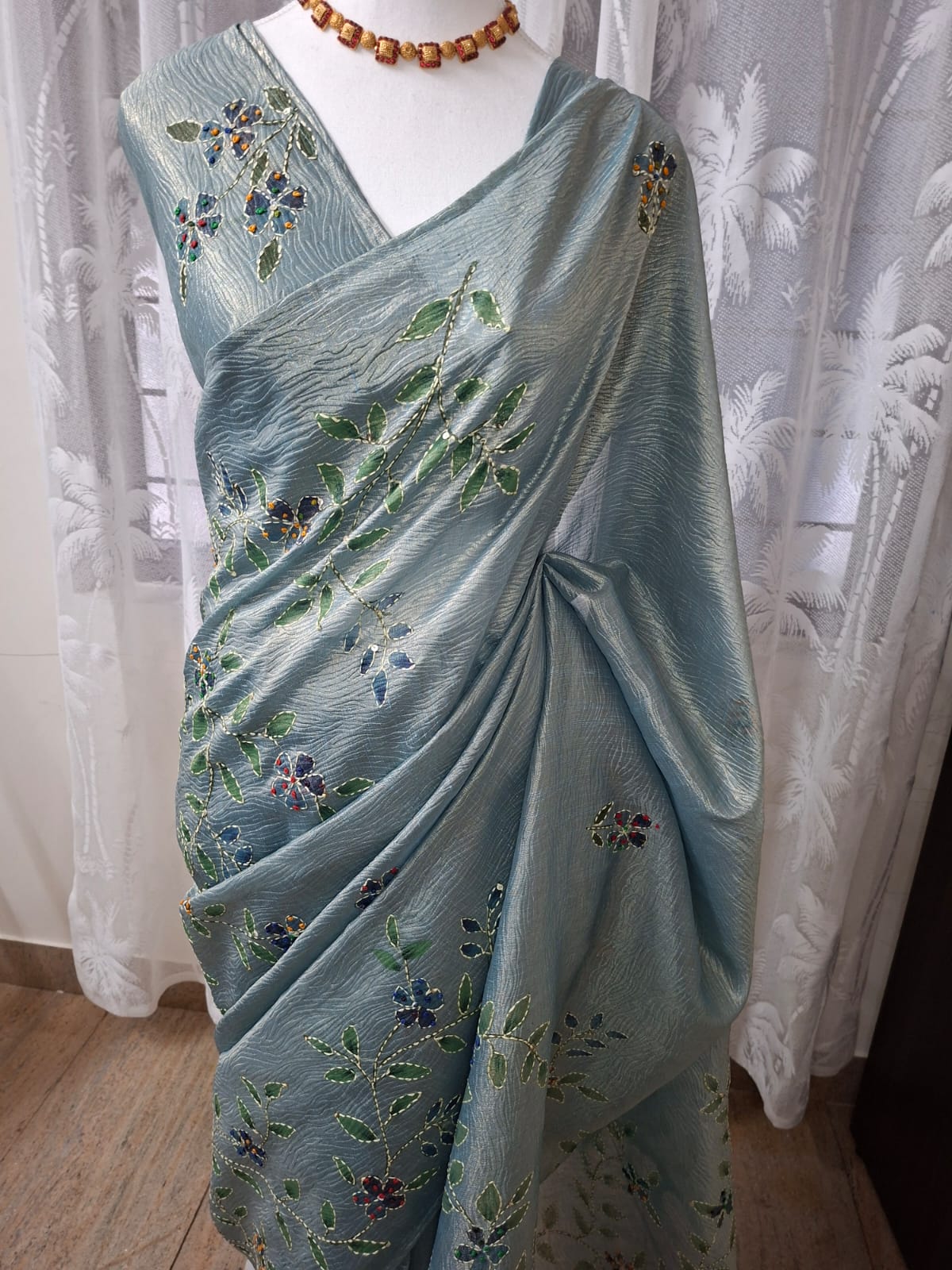 Crush silk Saree with Kantha Embroidery