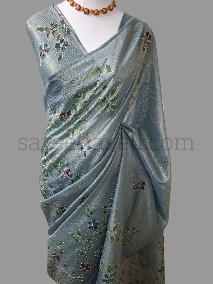 Crush silk Saree with Kantha Embroidery - Saree Haveli Default Title Crush Silk