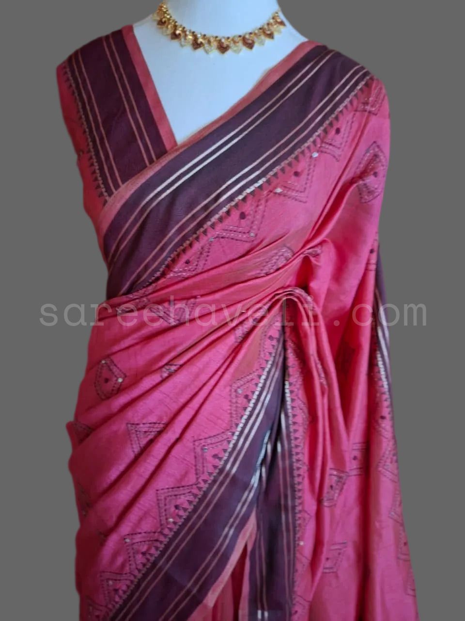 Soft Tussar Saree with Geometric Motifs and Contrast Border - Saree Haveli Default Title