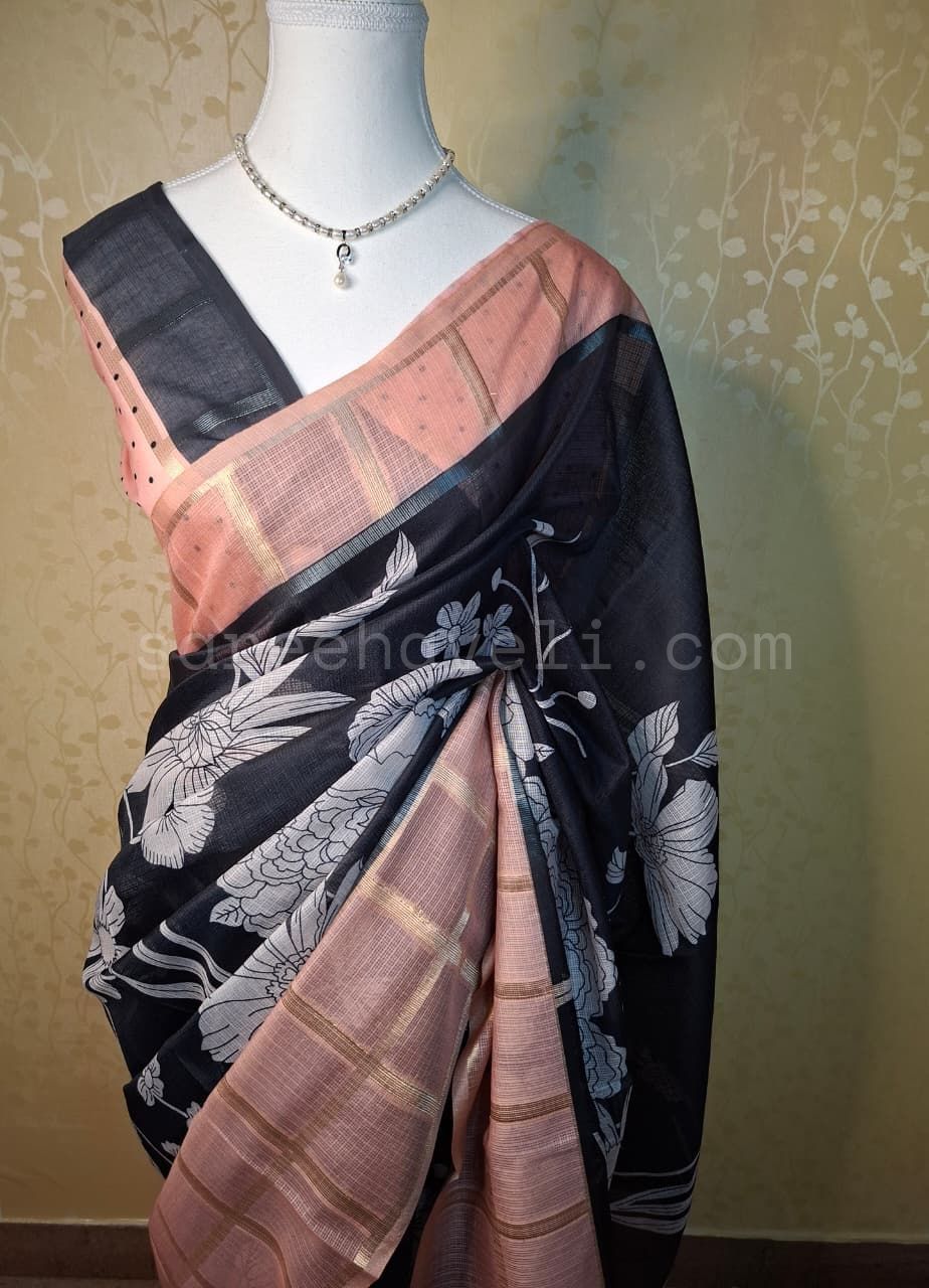 Kota Checks Saree in Black and Pink - Saree Haveli Default Title