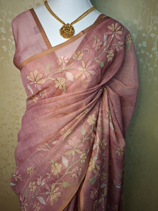 Rose Bloom Linen Tissue Saree