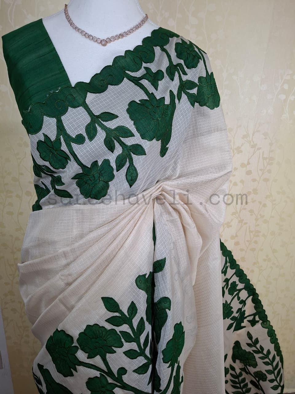 Ivory Emerald Green Appliqué Kota