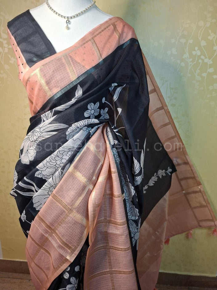 Kota Checks Saree in Black and Pink - Saree Haveli Default Title