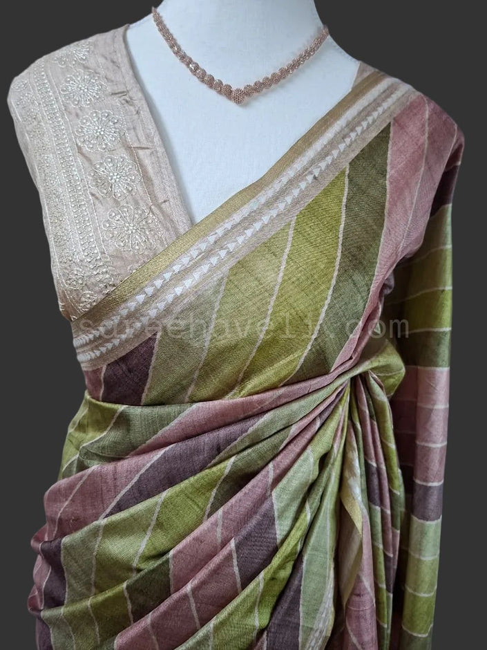 Pastel Grid Tussar Silk Saree - Saree Haveli Default Title