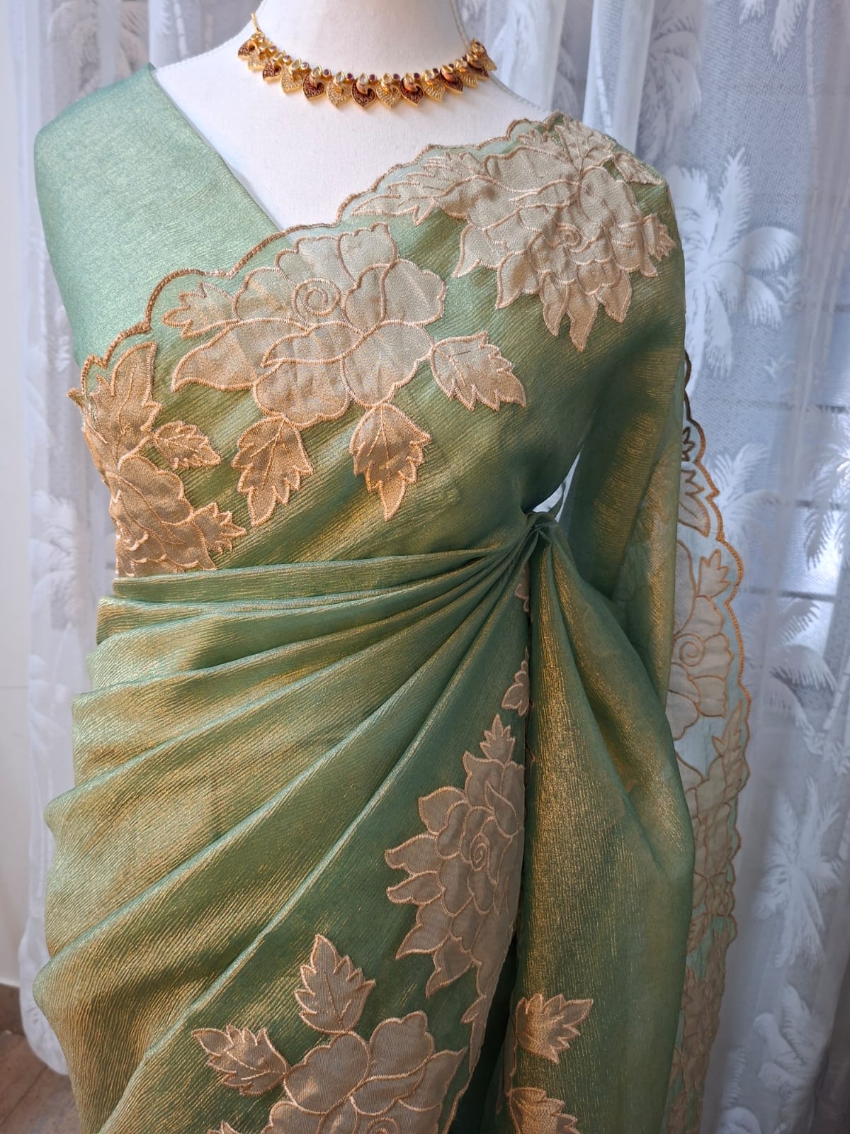 Sage greeen CrushSilk saree with applique work