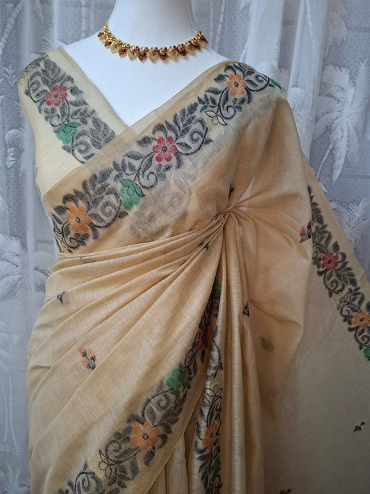 Beige Muga Cotton Saree with Resham Jamdani Pallu