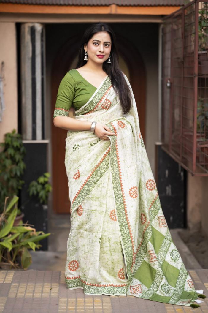 Chanderi Cotton Block Printed Saree