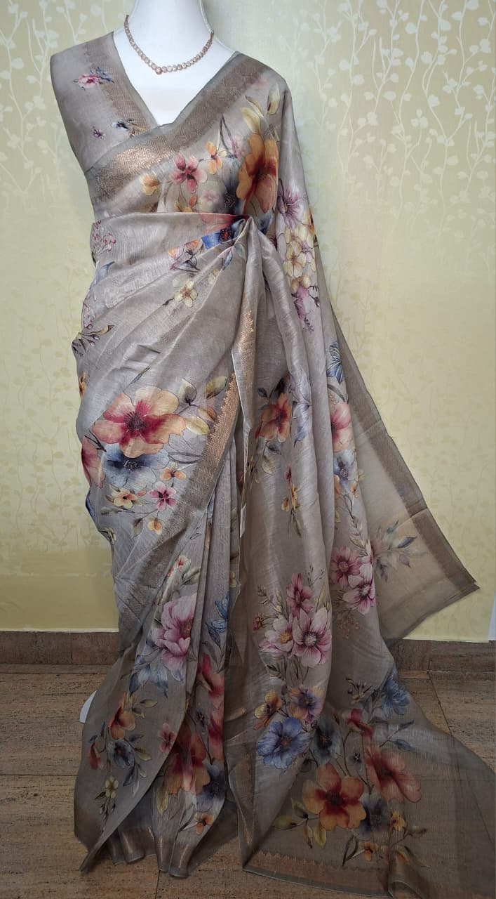 Floral Grace Pure Silk Linen Saree