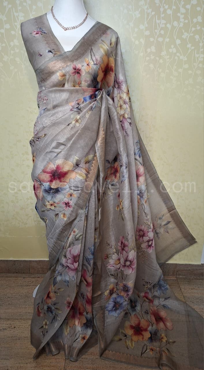 Floral Grace Pure Silk Linen Saree - Saree Haveli Light Green