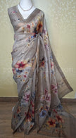 Floral Grace Pure Silk Linen Saree - Saree Haveli Light Green