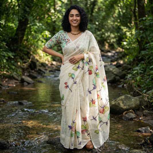 Petals in Paint-Tissue Linen Saree