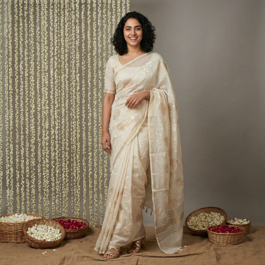 Ivory Appliqué Mul Chanderi Saree