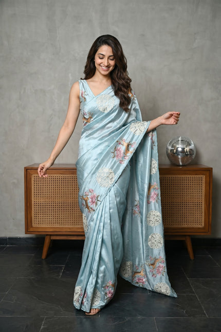 Blossom Bird Appliqué Raw Silk