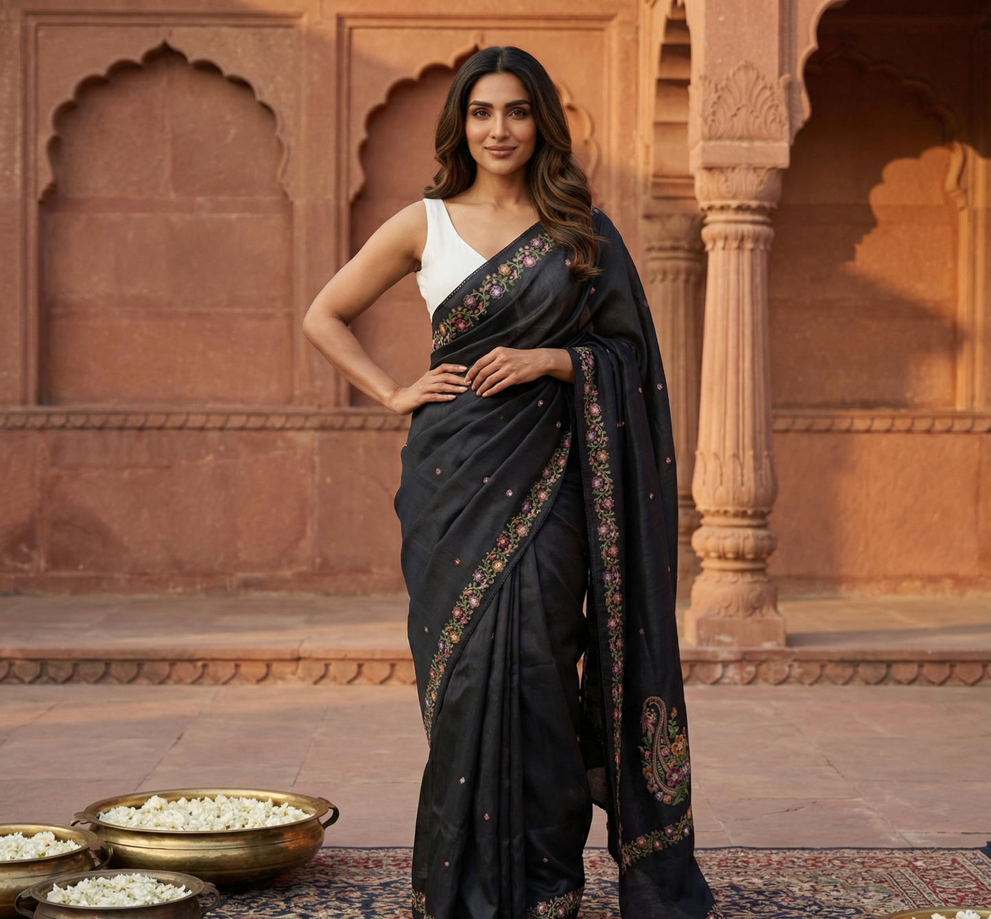 Black Tussar Saree with multicolored floral vine Embroidery
