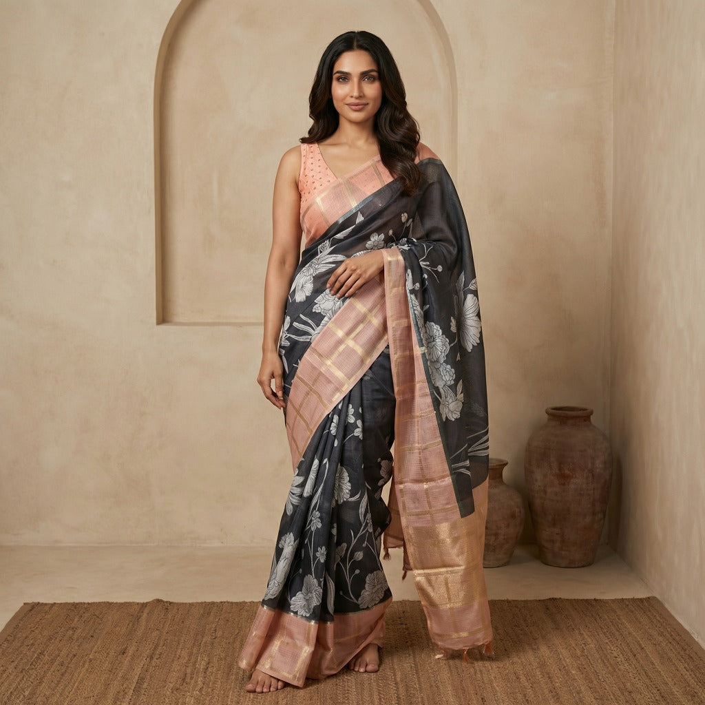 Kota Checks Saree in Black and Pink