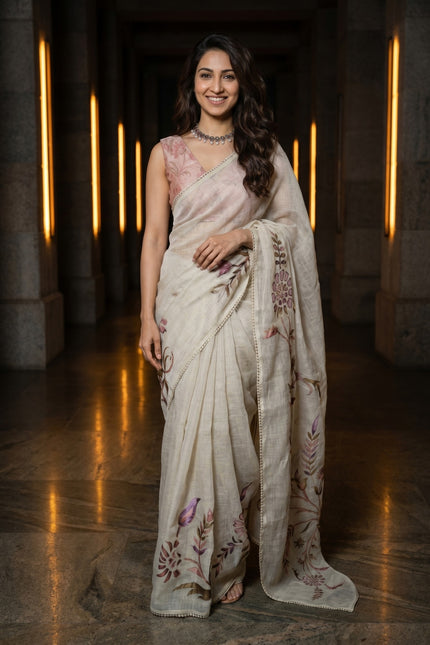 Petals in Paint-Tissue Linen Saree