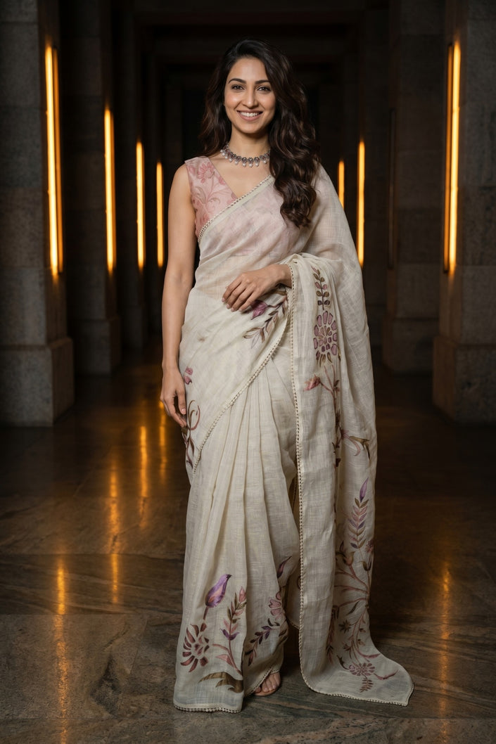 Petals in Paint-Tissue Linen Saree