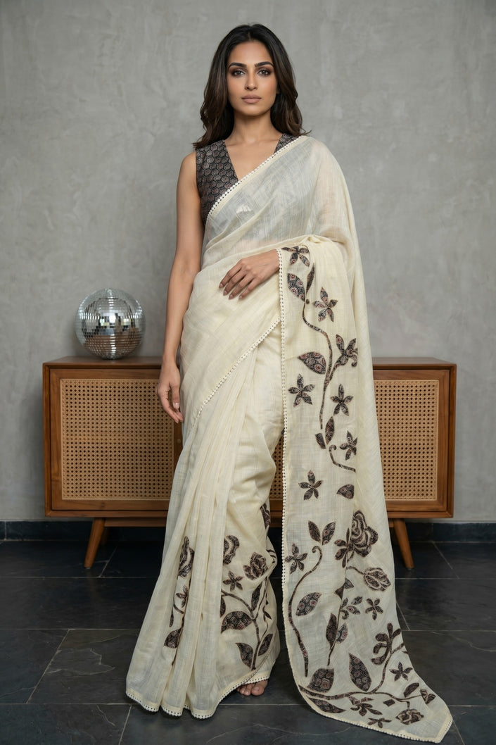 Ajrakh Rose Trail Linen Tissue Saree