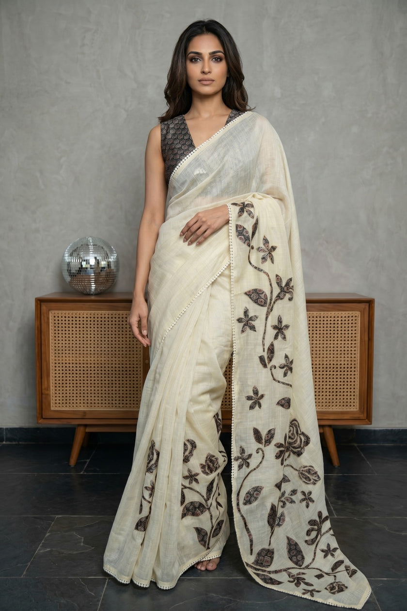Ajrakh Rose Trail Linen Tissue Saree