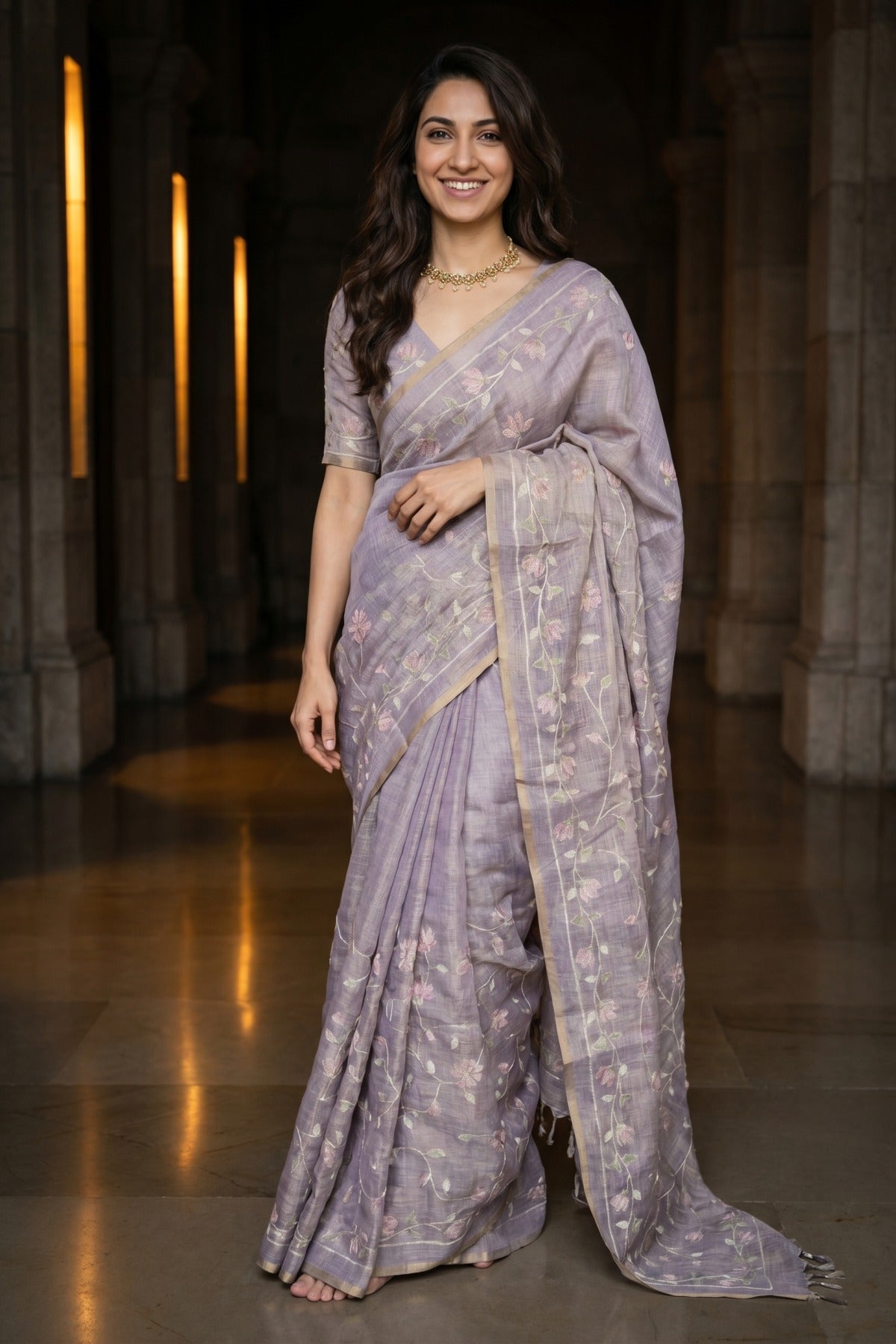 Whispering Vines Aari Work Linen Tissue Saree
