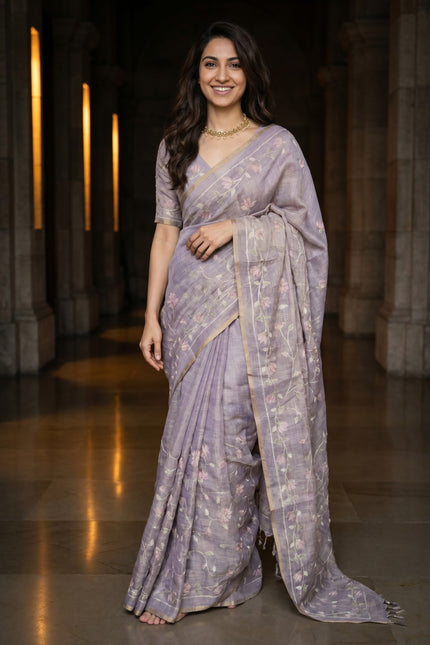 Whispering Vines Aari Work Linen Tissue Saree