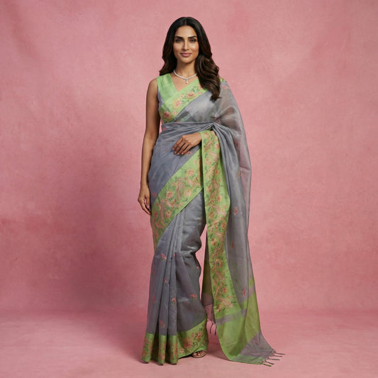 Grey Kora Silk Saree with Parrot Green Border